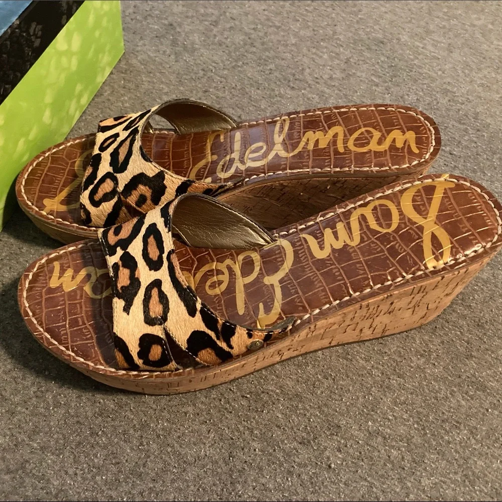 Sam Edelman Leopard Print Tan Black Wedge Sandals